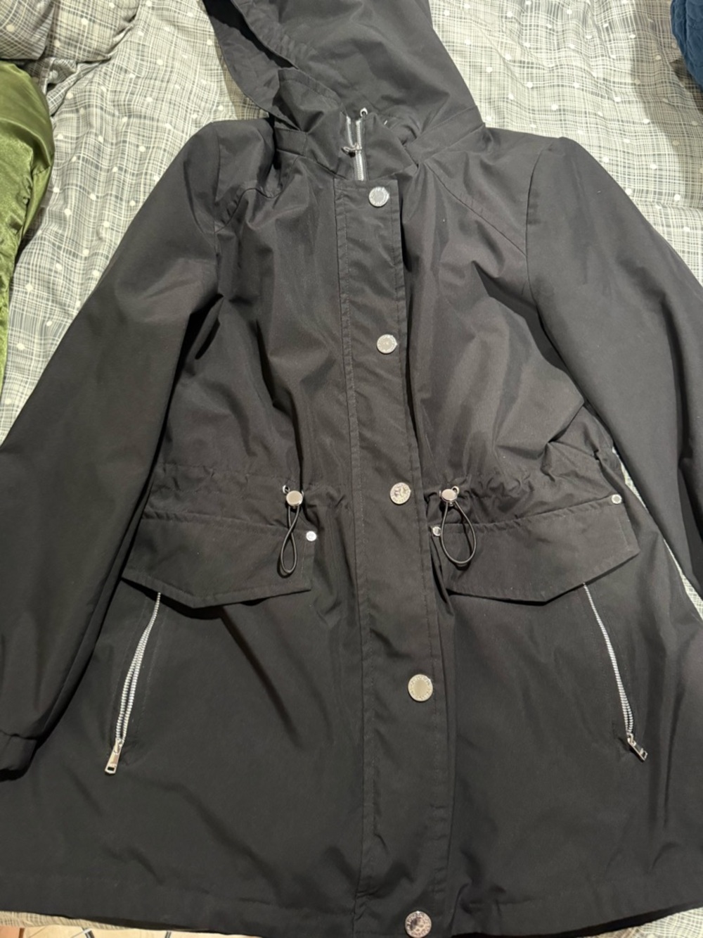London Fog Black Hooded Trench Coat with Drawstring Waist
